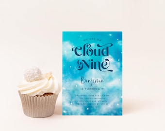 May include: A blue and white invitation with a watercolor background and the text "We are on Cloud Nine" in a dark blue script font. The invitation is for Benjamin's 9th birthday party. The text also includes the date, time, and location of the party.