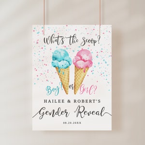 Ice Cream Gender Reveal Party Welcome Sign | Instant Download | What&#39;s The Scoop | Editable Template | Digital File 16X20, 18X24, 20X30 I04