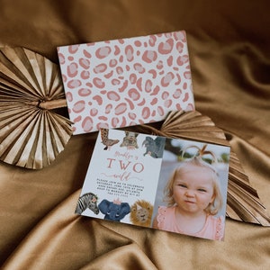 May include: A pink and white leopard print invitation card with a photo of a young girl. The card says "Brooklyn is TWO wild" and includes details for a birthday party.