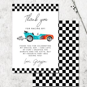 Printable Race Car Theme Boy's Birthday Party Thank You Card | Editable ...