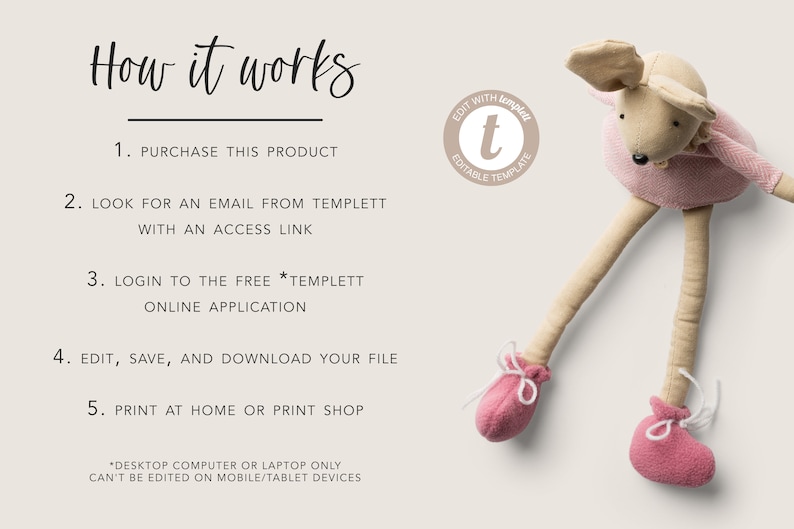 May include: Instructions on how to use a digital template. The steps include purchasing the product, receiving an email with an access link, logging into the Templett online application, editing, saving, and downloading the file, and printing at home or a print shop. The text also states that the template can only be edited on a desktop computer or laptop.