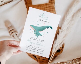 Op de afbeelding: Een baby shower uitnodiging met de tekst "Ahoy It's a Boy!" en een afbeelding van een blauwe walvis en een kleinere walvis met roze hartjes. De uitnodiging bevat de datum, tijd, locatie en RSVP-informatie.