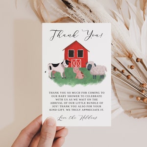 de remerciements pour baby shower de ferme | Animaux de la ferme | Non sexiste | Modèle modifiable | Téléchargement instantané | Carte 4x6 FB01