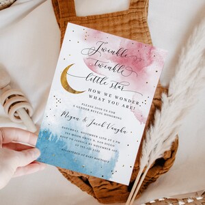 Gender Reveal Party Invitation | Twinkle Twinkle Little Star Invite | Moon and Stars | Instant Download | Editable Template M04
