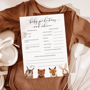 Prédictions et conseils pour bébé des bois | Baby Shower Woodland | Animaux de la forêt | Non sexiste | Modèle modifiable W09