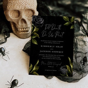 Halloween Gothic Hochzeitseinladung | Bis der Tod uns scheidet Einladen | Schwarz Floral | Bearbeitbare Vorlage G02