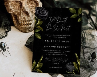 Invito a nozze gotico di Halloween / Invito finché morte non ci separi / Modello floreale nero / modificabile G02