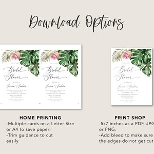 Puede incluir: Dos dise&ntilde;os imprimibles para una invitaci&oacute;n de despedida de soltera. El dise&ntilde;o presenta hojas y flores tropicales en tonos de verde, rosa y dorado. El texto de la invitaci&oacute;n dice "Bridal Shower" e incluye el nombre de la novia. La invitaci&oacute;n est&aacute; disponible en dos tama&ntilde;os: 5x7 pulgadas y tama&ntilde;o carta.