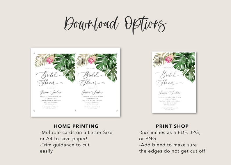 Puede incluir: Dos dise&ntilde;os imprimibles para una invitaci&oacute;n de despedida de soltera. El dise&ntilde;o presenta hojas y flores tropicales en tonos de verde, rosa y dorado. El texto de la invitaci&oacute;n dice "Bridal Shower" e incluye el nombre de la novia. La invitaci&oacute;n est&aacute; disponible en dos tama&ntilde;os: 5x7 pulgadas y tama&ntilde;o carta.