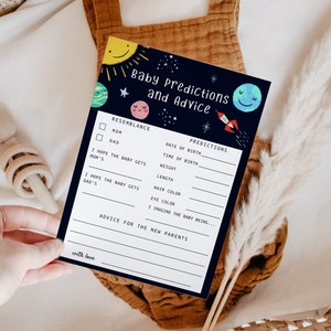 Prédictions et conseils de Space Baby | Baby Shower Galaxie | Baby shower garçon | Modèle modifiable | Jeu de baby shower S04