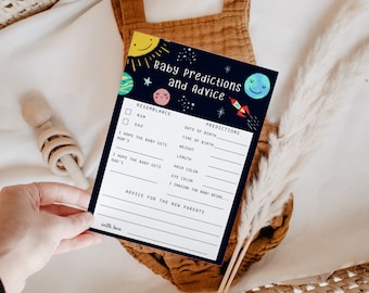 Tarjeta con predicciones y consejos para bebés del espacio / Baby Shower de galaxia / Baby Shower de niño / Plantilla editable / Juego de baby shower S04