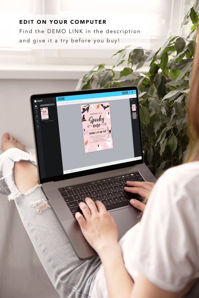 May include: A laptop computer displaying a pink and black Halloween party invitation with the text "Jasmine is a Spooky one" and "Jasmine's 1st Boo-Bash".