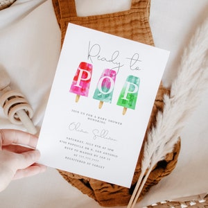 May include: A baby shower invitation with a watercolor illustration of three popsicles spelling out "POP". The invitation is for Olivia Sullivan and includes the date, time, and location of the shower. RSVP information and registry details are also included.
