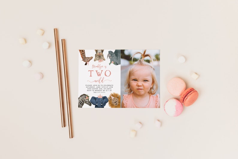 May include: A pink and white birthday invitation with a photo of a young girl. The invitation says "Brooklyne is TWO wild" and includes a border of animal illustrations.