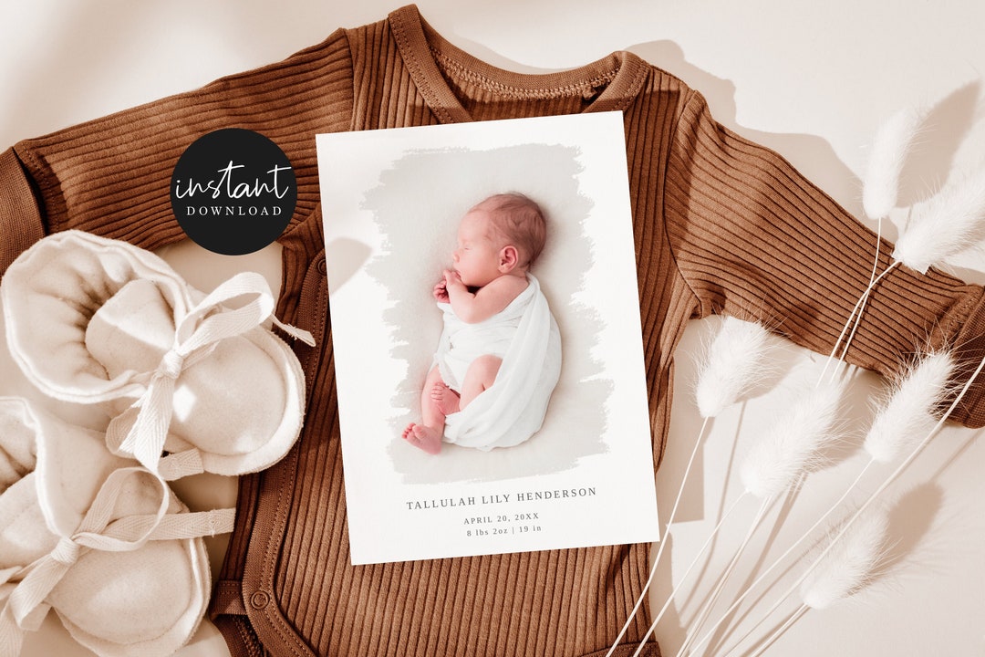 Printable Birth Announcement Card Template | Minimalist | Brushstroke ...