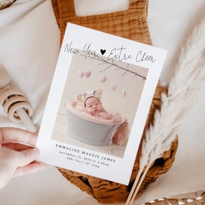Tarjeta de anuncio de nacimiento de Año Nuevo / Alegría adicional de Año Nuevo / Anuncio de nuevo bebé / Tarjeta con foto de recién nacido / Plantilla editable