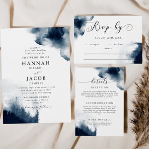 Navy Blue Wedding Invitation Suite | Navy Blue Watercolor Invitation Set | Editable Template | Instant Download N02