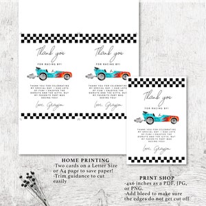 Printable Race Car Theme Boy's Birthday Party Thank You Card | Editable ...