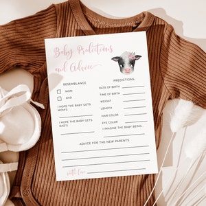 Prédictions et conseils pour bébé | Baby shower vache | Baby shower fille | Modèle modifiable C01