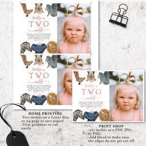 May include: Two printable invitations for a child's second birthday party. The invitations feature a pink and white color scheme with a jungle animal theme. The text on the invitations reads "Brooklyn is Two Wild".