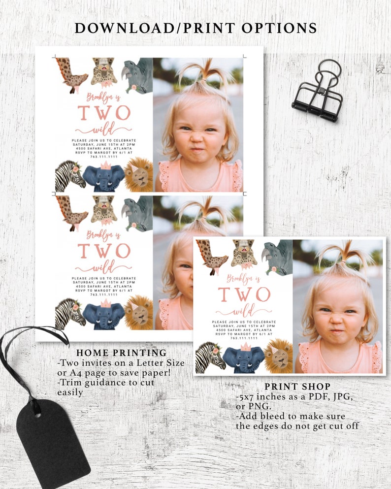 May include: Two printable invitations for a child's second birthday party. The invitations feature a pink and white color scheme with a jungle animal theme. The text on the invitations reads "Brooklyn is Two Wild".