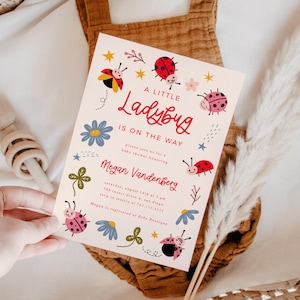 Invito per baby shower a forma di coccinella / Invito per baby shower a forma di piccola coccinella / Baby shower per bambine / Download immediato / Modello modificabile L09
