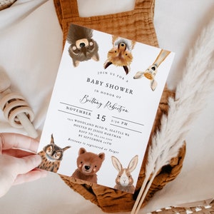Invitation de fête de naissance des bois | Invitation rustique de région boisée | Non sexiste | Téléchargement instantané | Modèle de carte modifiable W09