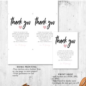 Peut inclure: Cartes de remerciement imprimables pour une baby shower. Les cartes pr&eacute;sentent un c&oelig;ur rose et le texte &laquo;&nbsp;merci&nbsp;&raquo;. Le texte sur les cartes indique &laquo;&nbsp;Merci beaucoup d'&ecirc;tre venu &agrave; notre baby shower pour c&eacute;l&eacute;brer avec nous l'arriv&eacute;e de notre petit bout de chou&nbsp;! Merci &eacute;galement pour votre gentil cadeau. Nous vous en remercions sinc&egrave;rement.&nbsp;&raquo;