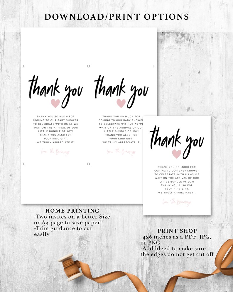 Peut inclure: Cartes de remerciement imprimables pour une baby shower. Les cartes pr&eacute;sentent un c&oelig;ur rose et le texte &laquo;&nbsp;merci&nbsp;&raquo;. Le texte sur les cartes indique &laquo;&nbsp;Merci beaucoup d'&ecirc;tre venu &agrave; notre baby shower pour c&eacute;l&eacute;brer avec nous l'arriv&eacute;e de notre petit bout de chou&nbsp;! Merci &eacute;galement pour votre gentil cadeau. Nous vous en remercions sinc&egrave;rement.&nbsp;&raquo;