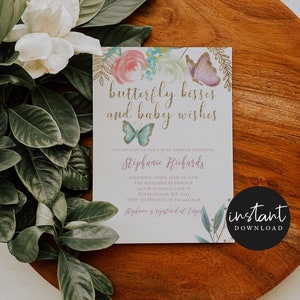 Uitnodiging babyshower vlinder thema | Vlinderkussen en babywensen nodigen uit | Kaart direct downloaden | Bewerkbare sjabloon B05
