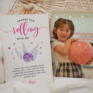Bowling Thank You Card | Girl Birthday Party | Thank You for Rolling With Me | 4x6 Card | Editable Template | Instant Download B09
