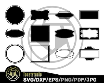 Puede incluir: Una colección de doce etiquetas y marcos digitales en blanco y negro con diversas formas geométricas, incluyendo círculos, cuadrados, rectángulos y bordes festoneados. Aparecen el logotipo de Tonetstudio y el texto SVG/DXF/EPS/PNG/PDF/JPG.