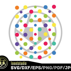Puede incluir: Un c&iacute;rculo gris con un dise&ntilde;o geom&eacute;trico en el centro. El c&iacute;rculo est&aacute; rodeado por un anillo de puntos de colores en rojo, naranja, amarillo, verde, azul y morado.