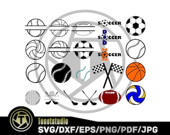 May include: A set of 16 black and white sports-themed SVG cut files. The files include images of baseballs, basketballs, footballs, soccer balls, volleyballs, and golf clubs. The text "SOCCER" appears three times in the image.