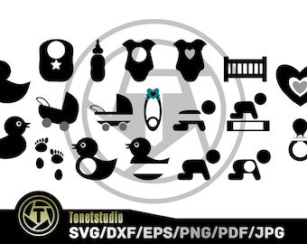 May include: A collection of black silhouette icons featuring baby-related items including rubber ducks, a bib with a star, a baby bottle, onesies, a crib, a heart, a stroller, a safety pin with a teal heart, crawling babies, footprints, and a pacifier.