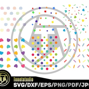 May include: A colorful graphic design featuring a gray circle with a white star pattern inside. The circle is surrounded by a rainbow of confetti, hearts, and sprinkles.