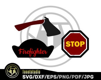 May include: A digital graphic design featuring a black and dark red axe, a black firefighter helmet silhouette with the red text Firefighter, and a red octagonal stop sign with a thick black border and the yellow text STOP in the center.