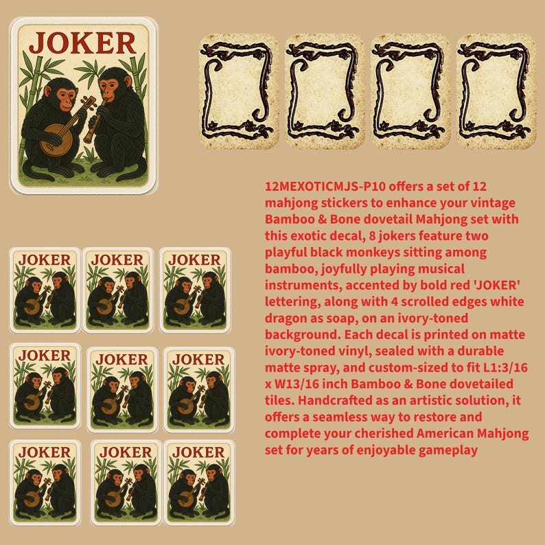 Vintage Mahjong Joker Stickers: Bamboo & Bone Tile Decals 12MEXOTICMJS-P10