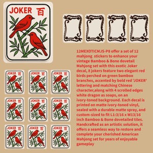 May include: A set of 12 mahjong stickers featuring a red bird design with the word "JOKER" and Chinese characters. The stickers are designed to fit L1.1875 x W0.8125 inch tiles, with a matte ivory finish.