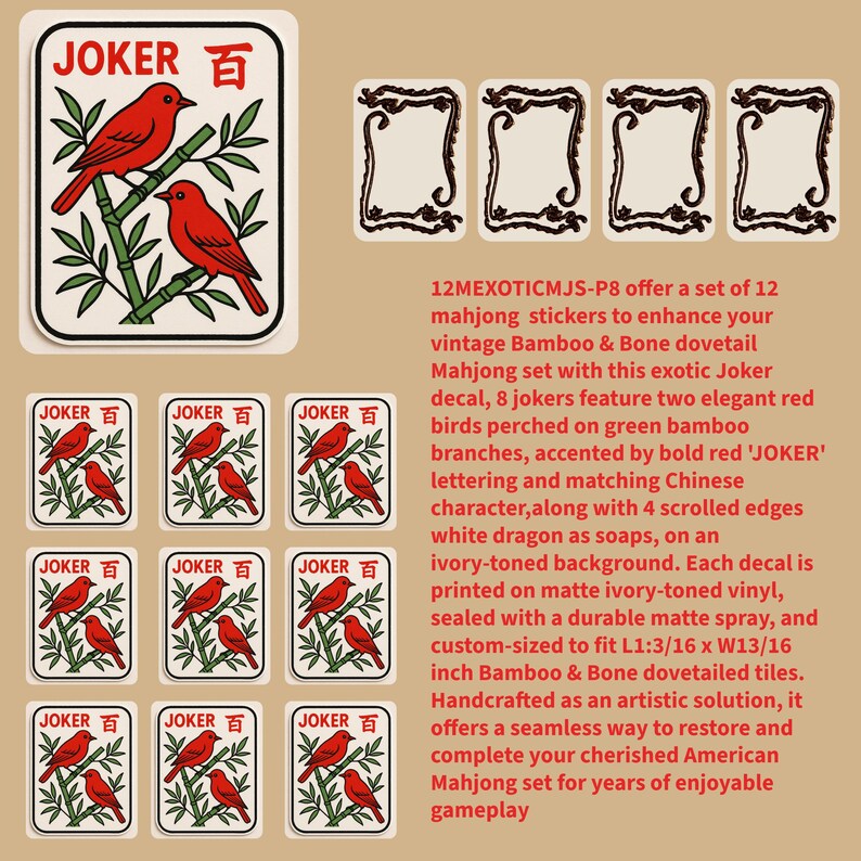 May include: A set of 12 mahjong stickers featuring a red bird design with the word "JOKER" and Chinese characters. The stickers are designed to fit L1.1875 x W0.8125 inch tiles, with a matte ivory finish.