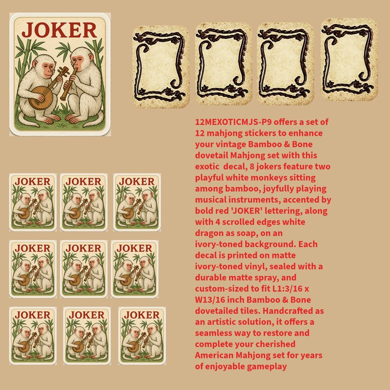 Vintage Mahjong Joker Stickers: Bamboo & Bone Tile Decals 12MEXOTICMJS-P9