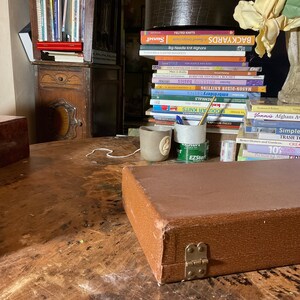Pu&ograve; includere: Una custodia in pelle marrone con chiusura in ottone &egrave; appoggiata su un tavolo di legno. &Egrave; visibile una pila di libri, tra cui titoli come "Felted Knits" e "Backyards". Sul tavolo ci sono anche una piccola tazza di ceramica e un portapenne.