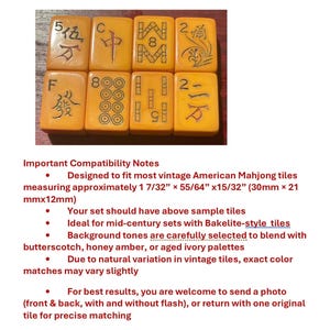 Puede incluir: Ocho fichas de Mahjong americano vintage en un c&aacute;lido tono &aacute;mbar, con s&iacute;mbolos y caracteres negros. Cada ficha mide aproximadamente 30mm x 21mm x 12mm. El texto de la imagen proporciona notas de compatibilidad.
