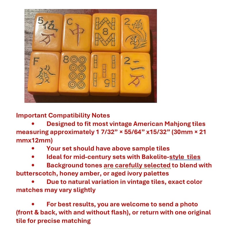 Puede incluir: Ocho fichas de Mahjong americano vintage en un c&aacute;lido tono &aacute;mbar, con s&iacute;mbolos y caracteres negros. Cada ficha mide aproximadamente 30mm x 21mm x 12mm. El texto de la imagen proporciona notas de compatibilidad.