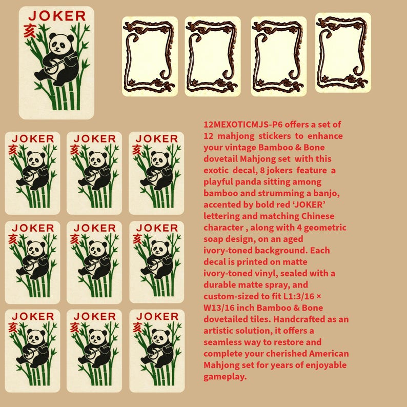Vintage Mahjong Joker Stickers: Bamboo & Bone Tile Decals 12MEXOTICMJS-P6