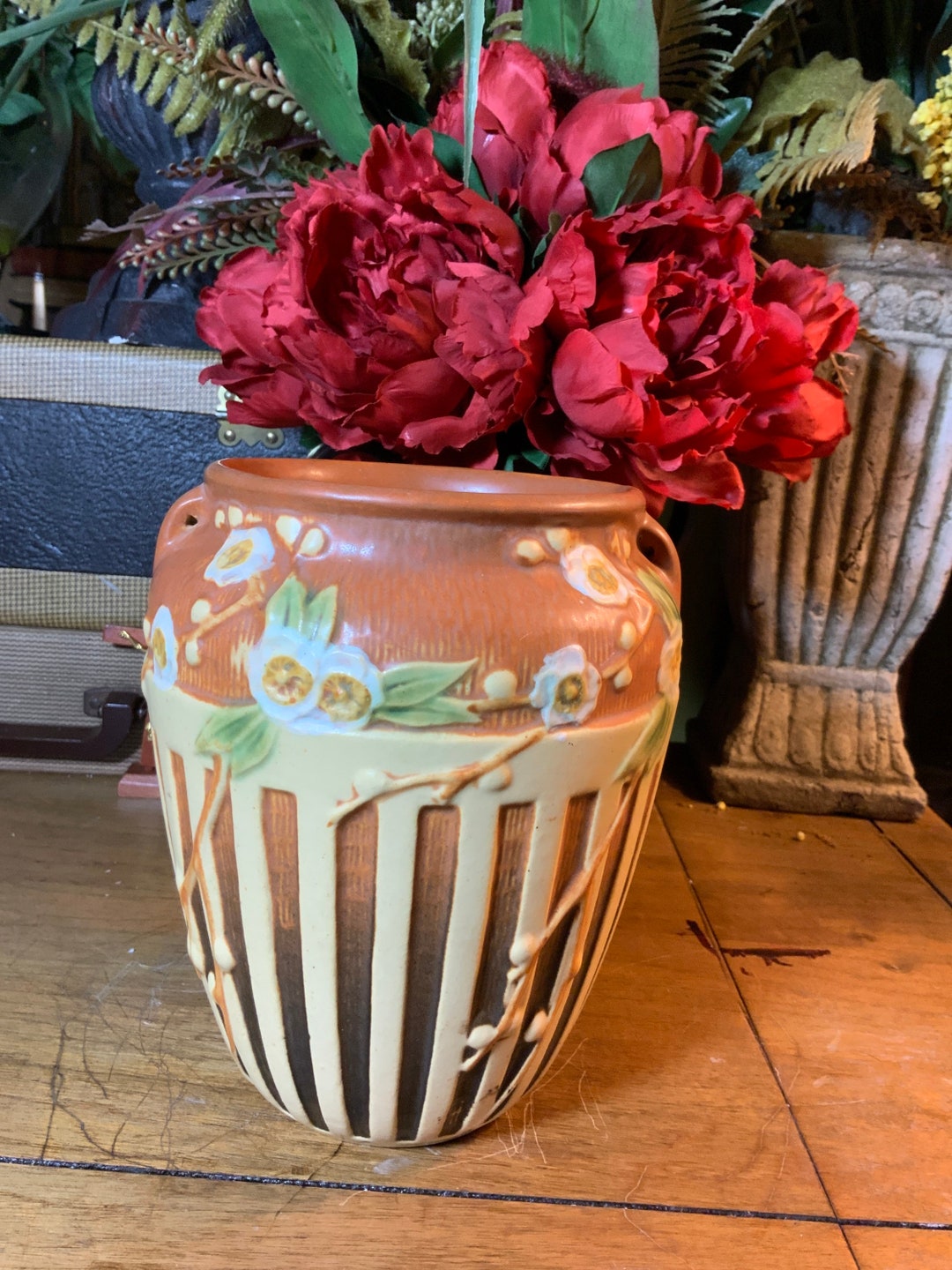 Vintage Roseville Pottery CHERRY BLOSSOM Brown Double Handle Vase 623-7