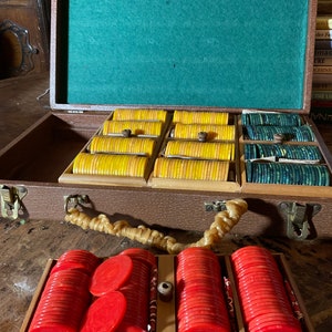 Pu&ograve; includere: Una valigetta da poker vintage in legno aperta, che mostra fiches gialle, verdi e rosse. L'interno &egrave; in feltro verde e ha un manico in corda intrecciata. La valigetta &egrave; su una superficie di legno.