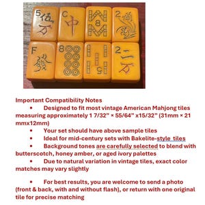 May include: A collection of eight vintage American Mahjong tiles. The tiles are a warm, amber color with black symbols and characters. Each tile measures approximately 1 7/32" x 55/64" x 15/32" (31mm x 21mm x 12mm).