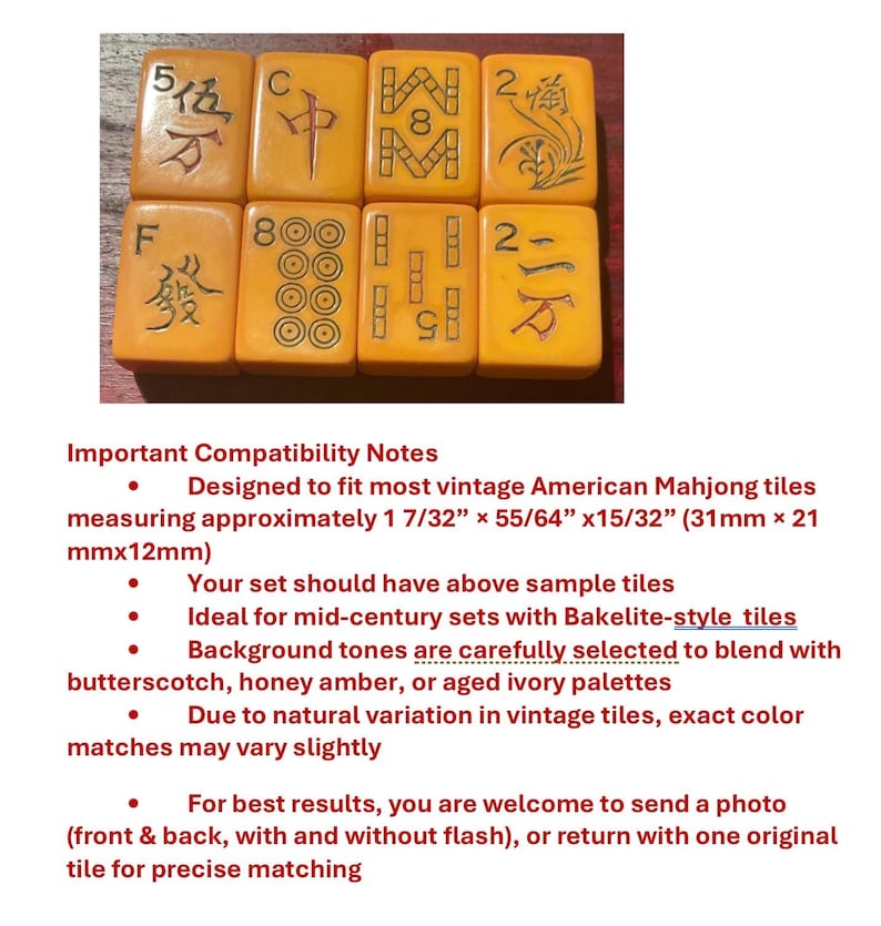 May include: A collection of eight vintage American Mahjong tiles. The tiles are a warm, amber color with black symbols and characters. Each tile measures approximately 1 7/32" x 55/64" x 15/32" (31mm x 21mm x 12mm).