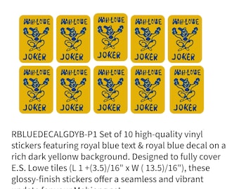 Peut inclure: Ensemble de 10 autocollants en vinyle pour tuiles de Mahjong. Chaque autocollant présente un motif de joker bleu roi et du texte sur fond jaune. Conçus pour les tuiles E.S. Lowe, ils mesurent 2,7 cm x 2,1 cm.
